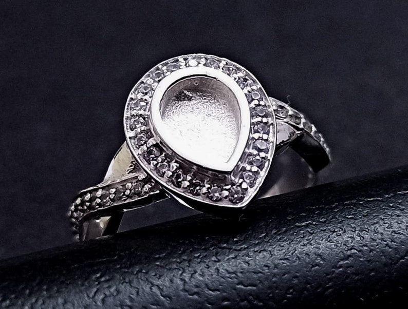 5x7mm Pear Shape Blank Bezel Ring with Zircon,925 Sterling Silver Rings, Good for Resin & Ashes Work. Any Color Zircon Available