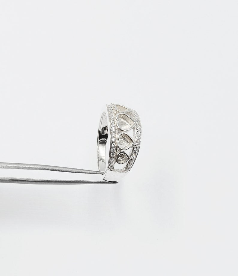 925 Sterling Solid Silver 5mm + 4mm + 3mm Heart Shape Ring with zircon, Good for Resin work, All color zircon available.
