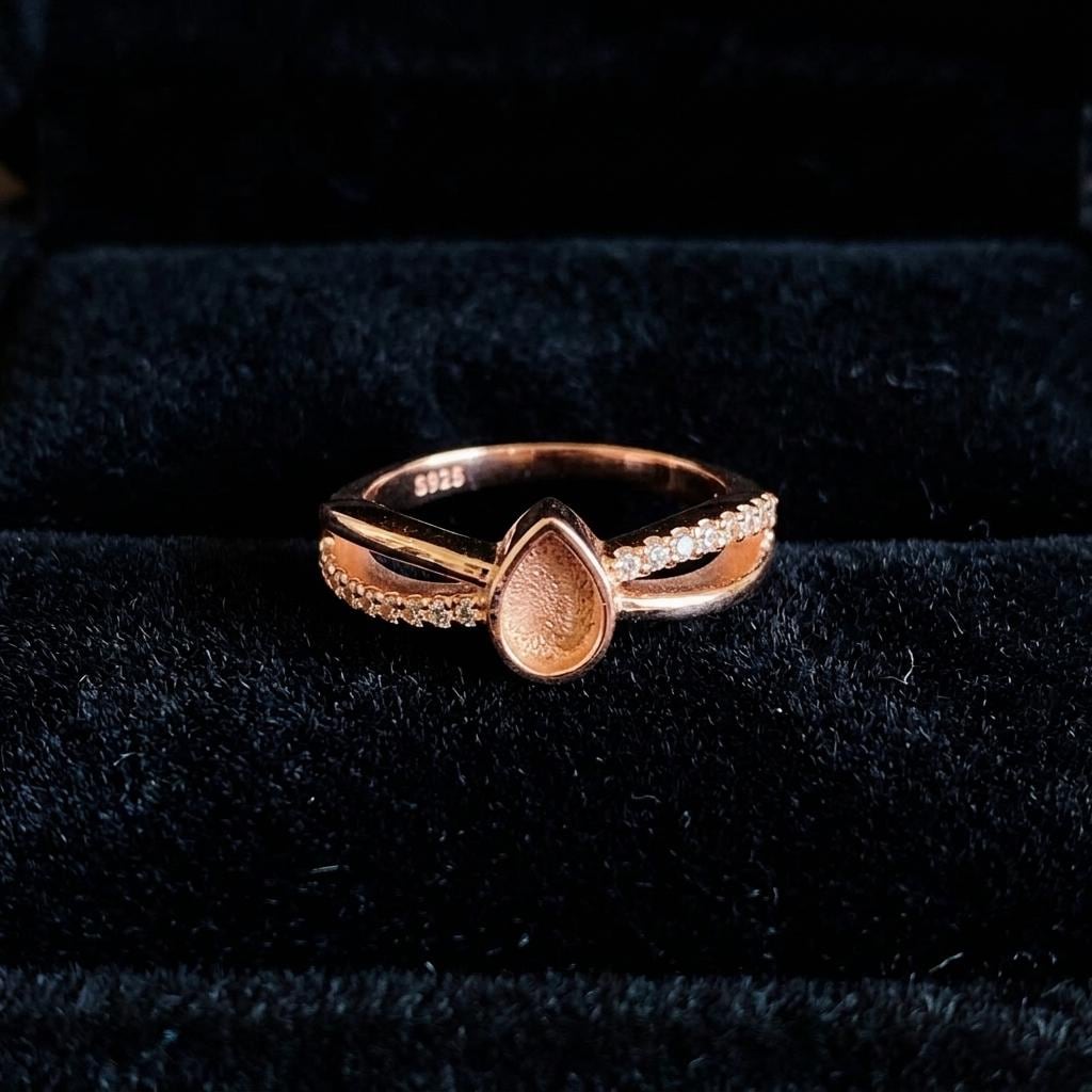 Teardrop Rose Gold Ring, 4x6mm Blank and Zircon Setted Ring, 925 Sterling Silver Designer Ring, Resin & Ashes Work, Breastmilk/Keepsake DIY