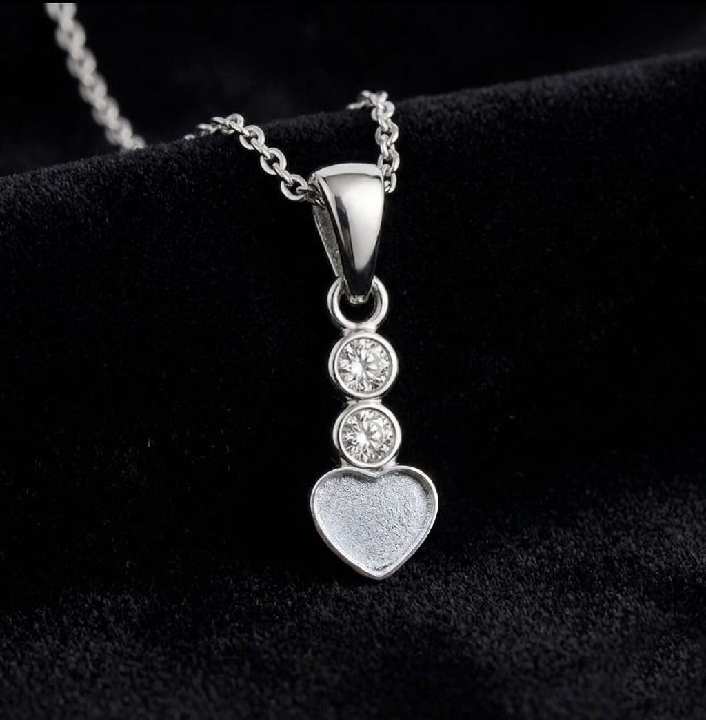 Heart Shape 6mm Blank Bezel Pendant with CZ Setted, 925 Sterling Silver Pendant, Good for Resin & Ashes Work, Memorial Jewelry DIY Crafts