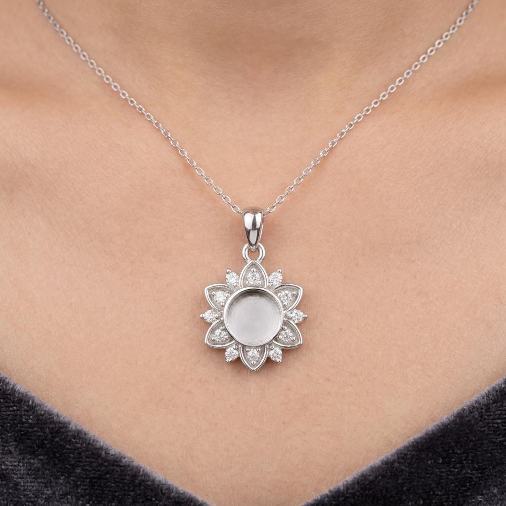 925 Sterling Silver Flower Design Round 6mm Blank Bezel CZ Set Pendant, Breastmilk/Keepsake, Good for Resin & Ashes Work, Memorial DIY Craft