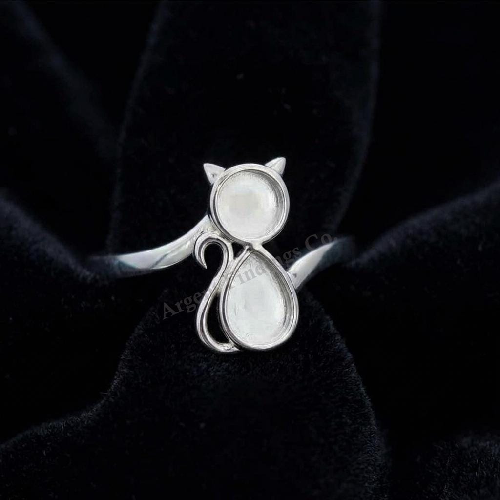 925 Sterling Solid Silver Cat Shape Blank Bezel Ring, Good for Resin & Ashes Work, Cat Cremation, Animal Pet Loss Ring,Keepsake Memorial DIY