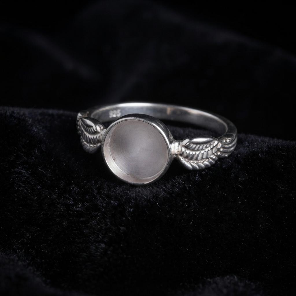 Genuine 925 Sterling Silver, 8mm Round Blank Bezel Ring, Angel Wings Ring, Good for Resin & Ashes Work, Breastmilk/Keepsake DIY,Gift for her