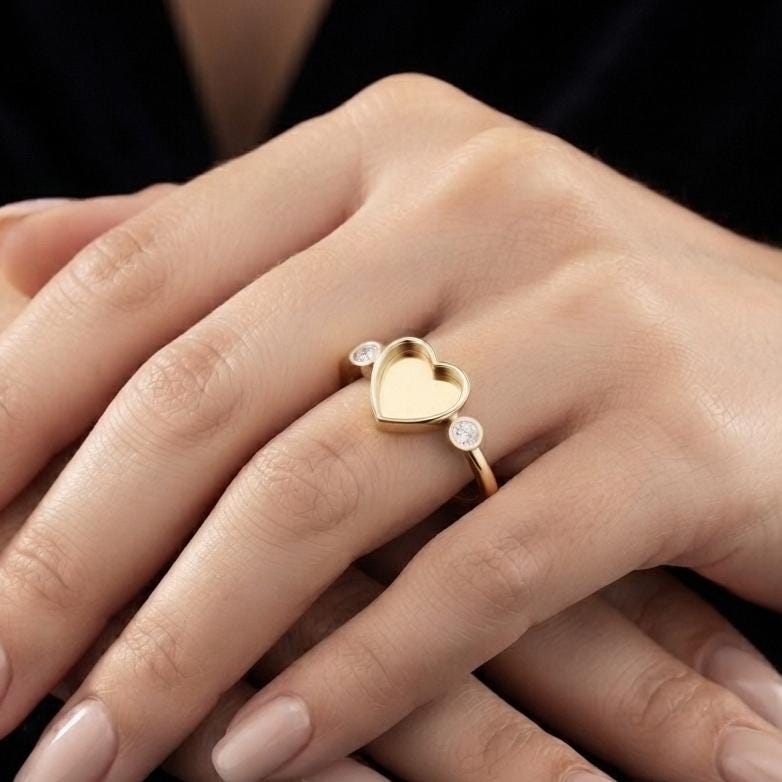 925 Sterling Silver, Heart 8x8mm Blank Bezel with CZ Set Engagement Ring, Unique Vintage Bridal Ring, Resin & Ashes, Breastmilk/Keepsake DIY