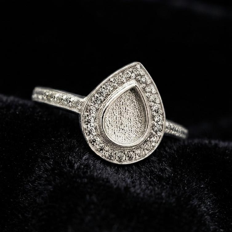 925 Sterling Solid Silver 7x5mm Pear Blank Bezel with CZ Setted Ring, Good for Resin & Ashes Work Breastmilk DIY Crafts, Keepsake Jewellery