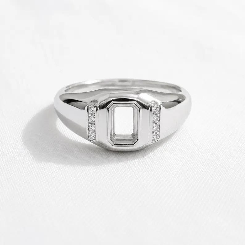 Solid 925 sterling silver 6x4mm Emerald cut Blank Pre Notched Men Ring Semi Mount For Gemstone Setting Good For Stone Inlay DIY Craft Ring