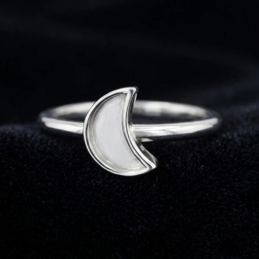 925 Sterling Silver, Crescent Half Moon Blank Bezel, Celestial Designer Ring, for Resin & Ashes Work, Breastmilk/Keepsake DIY, Gifts for her