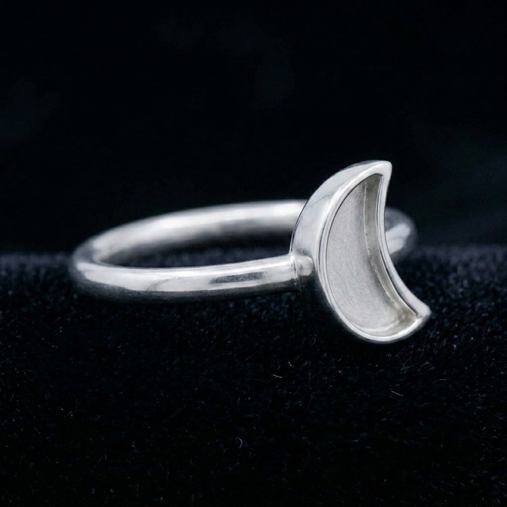 925 Sterling Silver, Crescent Half Moon Blank Bezel, Celestial Designer Ring, for Resin & Ashes Work, Breastmilk/Keepsake DIY, Gifts for her