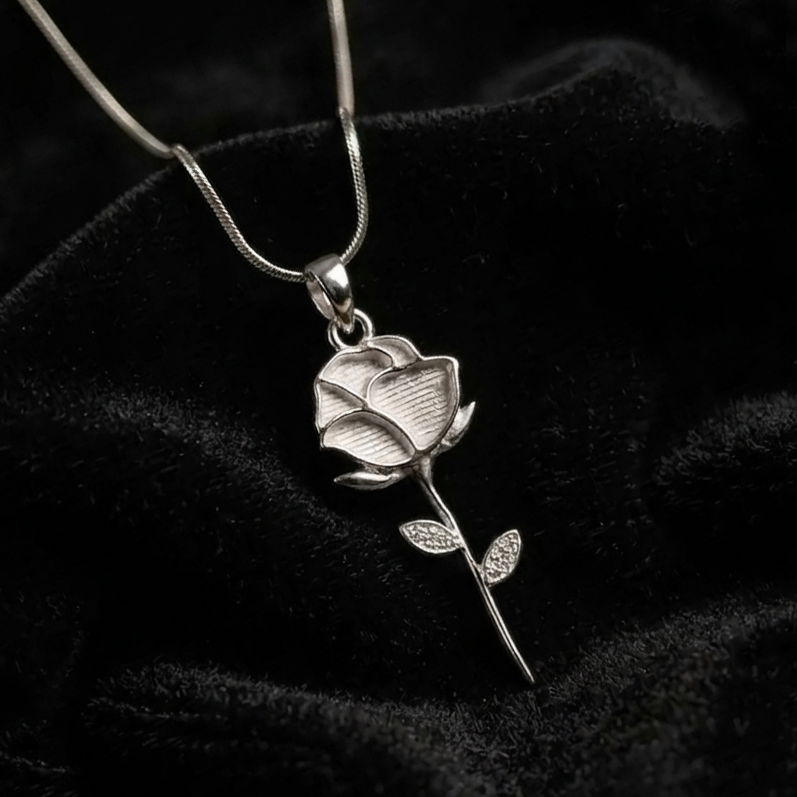 925 Sterling Silver Rose Flower Blank Bezel with CZ Setted Leaf Pendant Setting, Good for Resin & Ashes Work, Breastmilk/Keepsake, DIY Craft