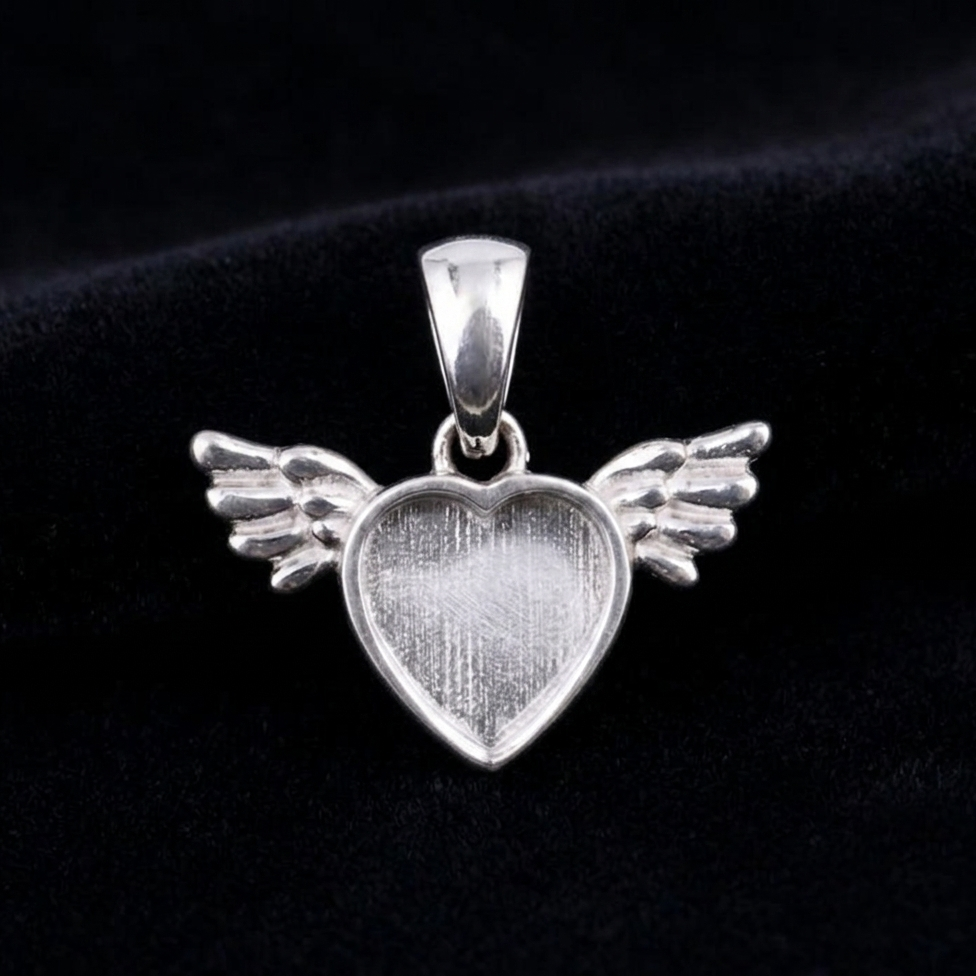 Angel Wings with Heart Shape Blank Bezel Pendant Setting, 925 Sterling Silver, Good for Resin & Ashes Work, Keepsake/Breastmilk DIY, Locket