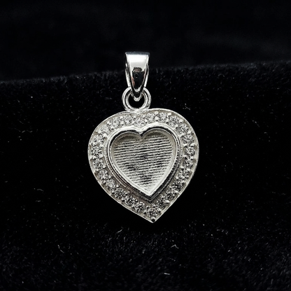 Heart Shape Blank Bezel Pendant with Zircon Setted, 925 Sterling Silver Pendant, Good for Resin & Ashes Work, Memorial Jewellery Crafts