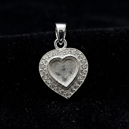 Heart Shape Blank Bezel Pendant with Zircon Setted, 925 Sterling Silver Pendant, Good for Resin & Ashes Work, Memorial Jewellery Crafts