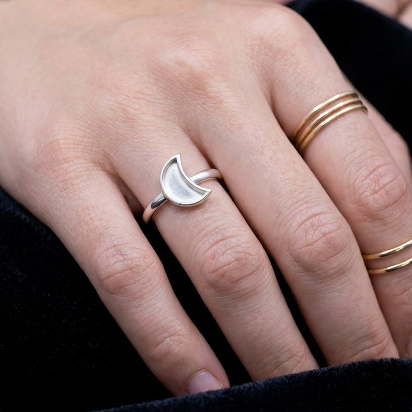 925 Sterling Silver, Crescent Half Moon Blank Bezel, Celestial Designer Ring, for Resin & Ashes Work, Breastmilk/Keepsake DIY, Gifts for her