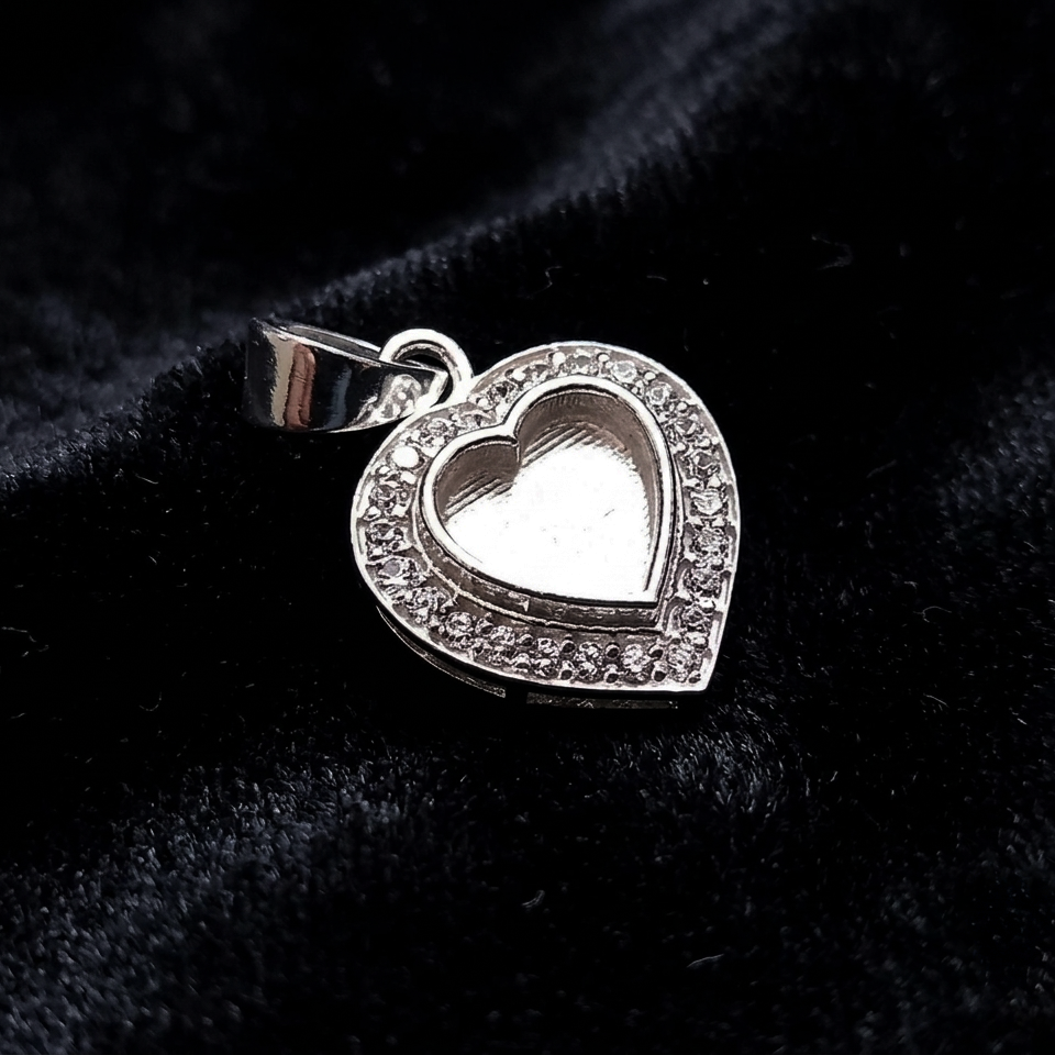 Heart Shape Blank Bezel Pendant with Zircon Setted, 925 Sterling Silver Pendant, Good for Resin & Ashes Work, Memorial Jewellery Crafts