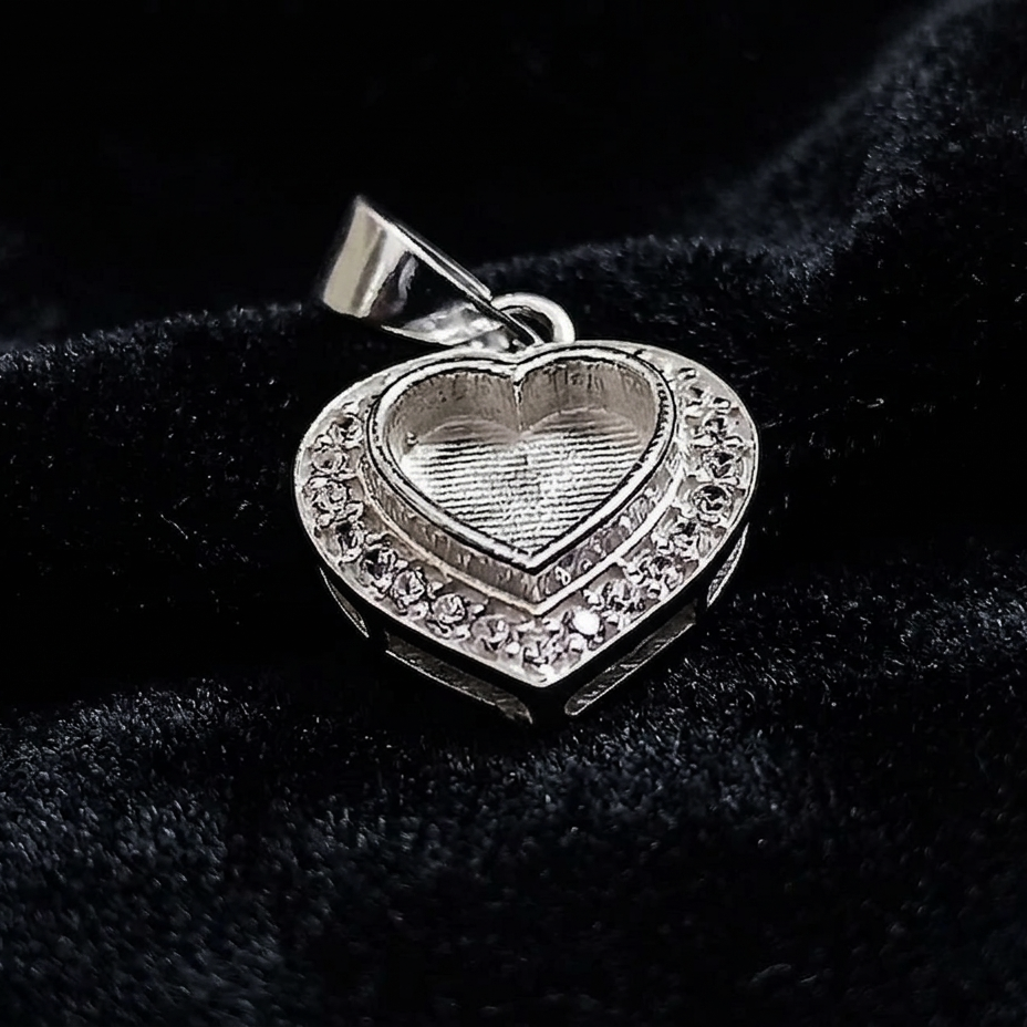 Heart Shape Blank Bezel Pendant with Zircon Setted, 925 Sterling Silver Pendant, Good for Resin & Ashes Work, Memorial Jewellery Crafts