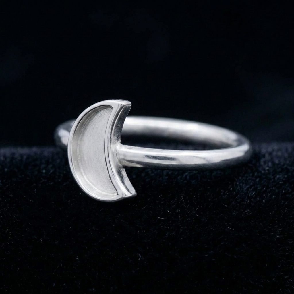 925 Sterling Silver, Crescent Half Moon Blank Bezel, Celestial Designer Ring, for Resin & Ashes Work, Breastmilk/Keepsake DIY, Gifts for her