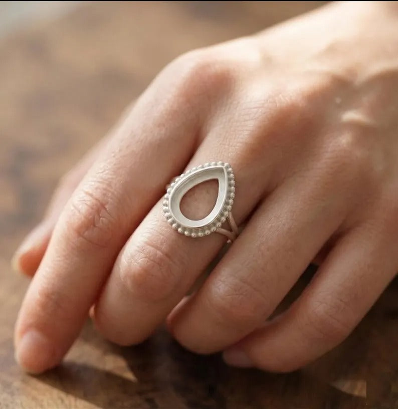925 Sterling Silver 6x4mm to 20x15mm Pear Blank Bezel Designer Ring DIY Crafts Settings Breastmilk/Keepsake, Good for Resin & Ashes Work, Handmade Memorial Ring