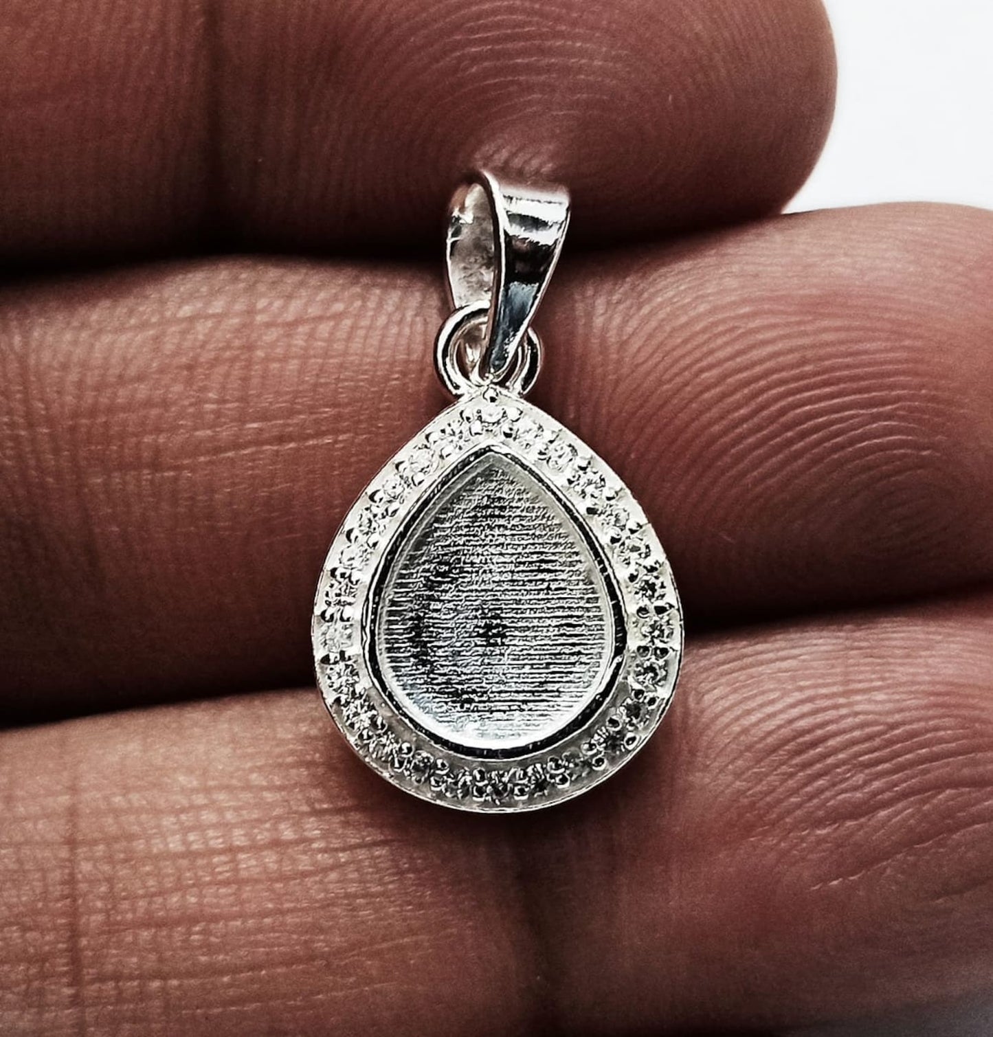 Pear Shape 8x10mm Blank Bezel Pendant Surrounded with CZ, 925 Sterling Silver Pendant, Good for Resin & Ashes Work, Keepsake Jewellery Craft