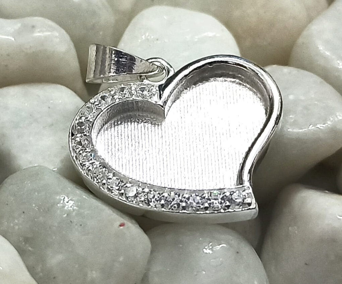 Heart Shape Blank Bezel Pendant with Zircon Setted, 925 Sterling Silver Pendant, Good for Crushed Opal, Resin & Ashes Work, Keepsake Jewelry