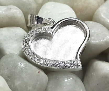 Heart Shape Blank Bezel Pendant with Zircon Setted, 925 Sterling Silver Pendant, Good for Crushed Opal, Resin & Ashes Work, Keepsake Jewelry