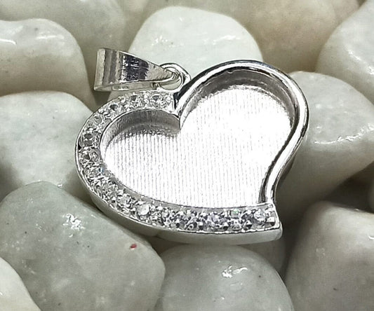 Heart Shape Blank Bezel Pendant with Zircon Setted, 925 Sterling Silver Pendant, Good for Crushed Opal, Resin & Ashes Work, Keepsake Jewelry