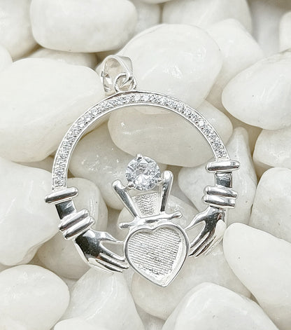 925 Sterling Silver, Iris Celtic Claddagh Pendant, Heart 5mm Blank Bezel Setting, Good for Pour Resin & Ashes Work, Breastmilk/Keepsake DIY