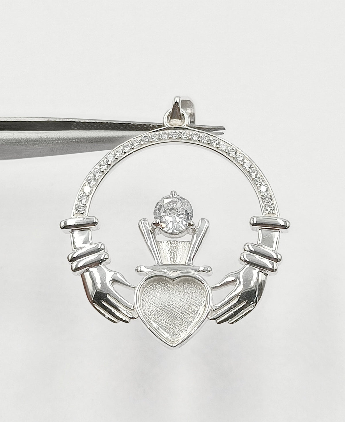 925 Sterling Silver, Iris Celtic Claddagh Pendant, Heart 5mm Blank Bezel Setting, Good for Pour Resin & Ashes Work, Breastmilk/Keepsake DIY