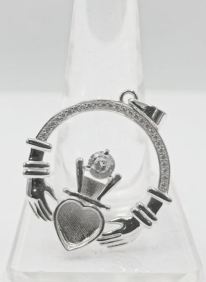925 Sterling Silver, Iris Celtic Claddagh Pendant, Heart 5mm Blank Bezel Setting, Good for Pour Resin & Ashes Work, Breastmilk/Keepsake DIY