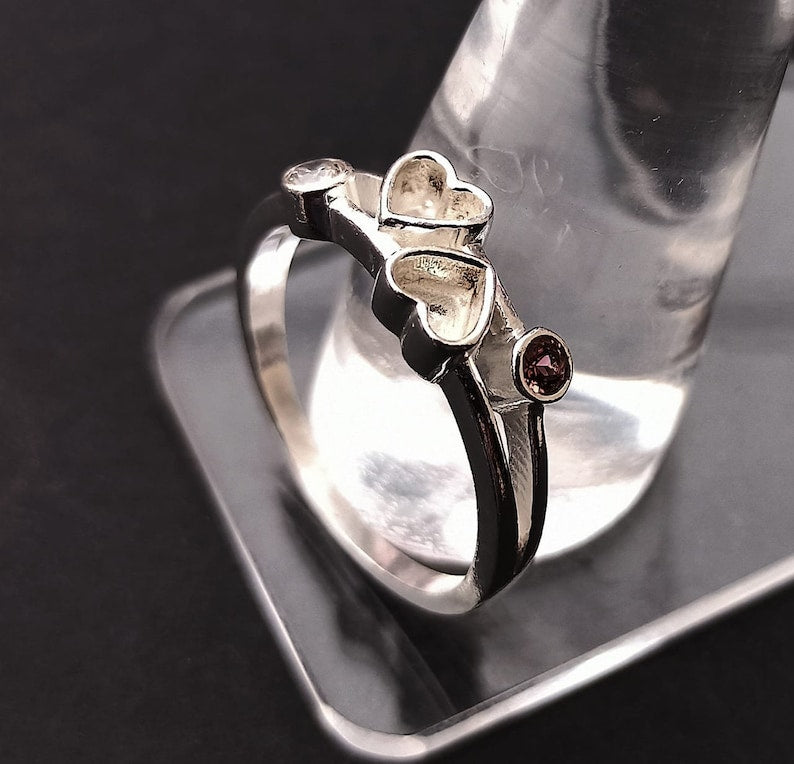 6mm Heart Bezel with Red Garnet And Zircon Faceted Gemstone Ring, Good for Ashes work & Resin Work, 925 Sterling Silver Ring