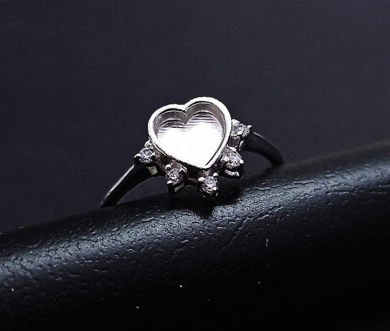 925 Sterling Solid Silver 6mm Heart Blank Bezel with CZ Setted Ring, Good for Resin & Ashes Work. Any Color Zircon Available