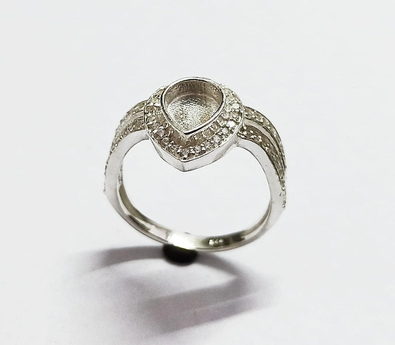 925 Sterling Solid Silver 6x8mm Pear Blank Bezel Ring with Beautiful Zircon Shank, Good for Resin & Ashes Work. Any Color Zircon Available