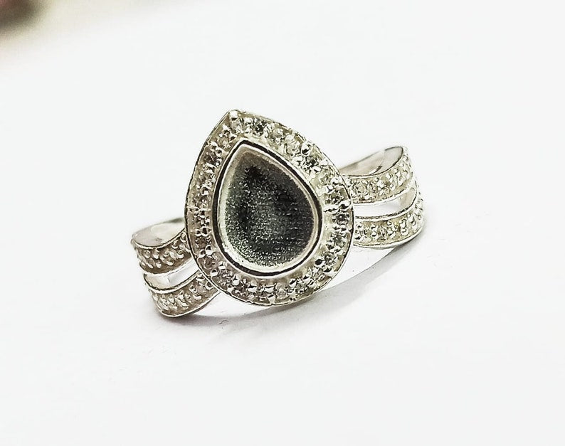 925 Sterling Solid Silver 6x8mm Pear Blank Bezel Ring with Beautiful Zircon Shank, Good for Resin & Ashes Work. Any Color Zircon Available
