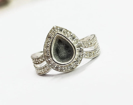 925 Sterling Solid Silver 6x8mm Pear Blank Bezel Ring with Beautiful Zircon Shank, Good for Resin & Ashes Work. Any Color Zircon Available