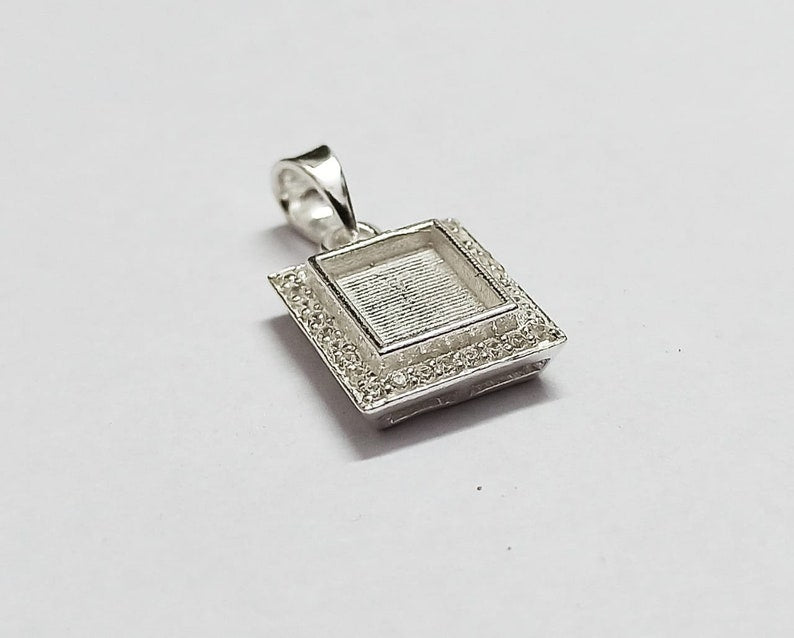 Rectangle Shape 8x10mm Blank Bezel with CZ Setted, 925 Sterling Silver Pendant, Good for Resin & Ashes Work, Keepsake/Breastmilk DIY Crafts