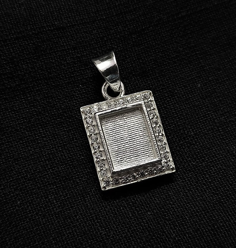 Rectangle Shape 8x10mm Blank Bezel with CZ Setted, 925 Sterling Silver Pendant, Good for Resin & Ashes Work, Keepsake/Breastmilk DIY Crafts