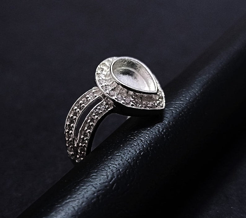 925 Sterling Solid Silver 6x8mm Pear Blank Bezel Ring with Beautiful Zircon Shank, Good for Resin & Ashes Work. Any Color Zircon Available