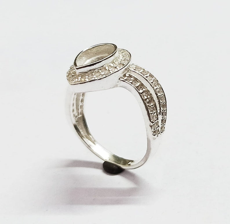 925 Sterling Solid Silver 6x8mm Pear Blank Bezel Ring with Beautiful Zircon Shank, Good for Resin & Ashes Work. Any Color Zircon Available