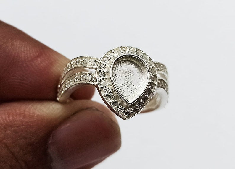 925 Sterling Solid Silver 6x8mm Pear Blank Bezel Ring with Beautiful Zircon Shank, Good for Resin & Ashes Work. Any Color Zircon Available