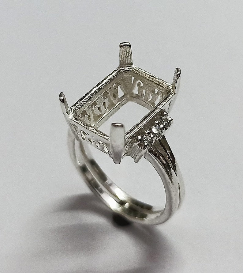 8x12mm Rectangle Prong Bezel Ring with zircon, 925 Sterling Silver Ring, Good for Resin & Ashes Work,Gift For Her,All Color Zircon Avaiable