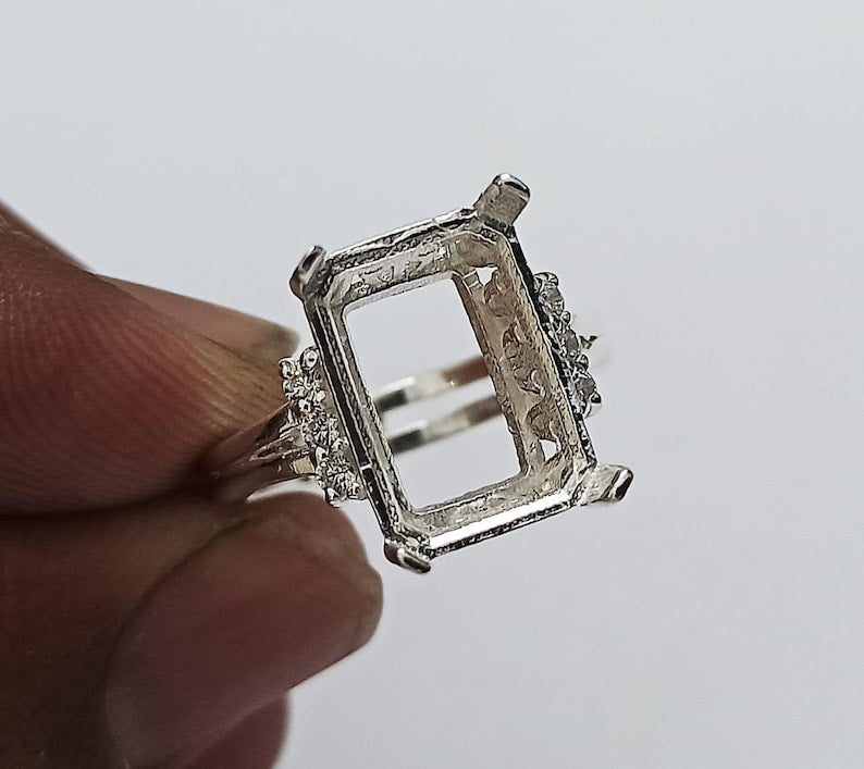 8x12mm Rectangle Prong Bezel Ring with zircon, 925 Sterling Silver Ring, Good for Resin & Ashes Work,Gift For Her,All Color Zircon Avaiable