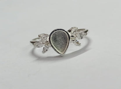 925 Sterling Solid Silver 6x8mm Pear Blank Bezel with Tiny Marquise Zircon Ring, Good for Resin & Ashes Work.