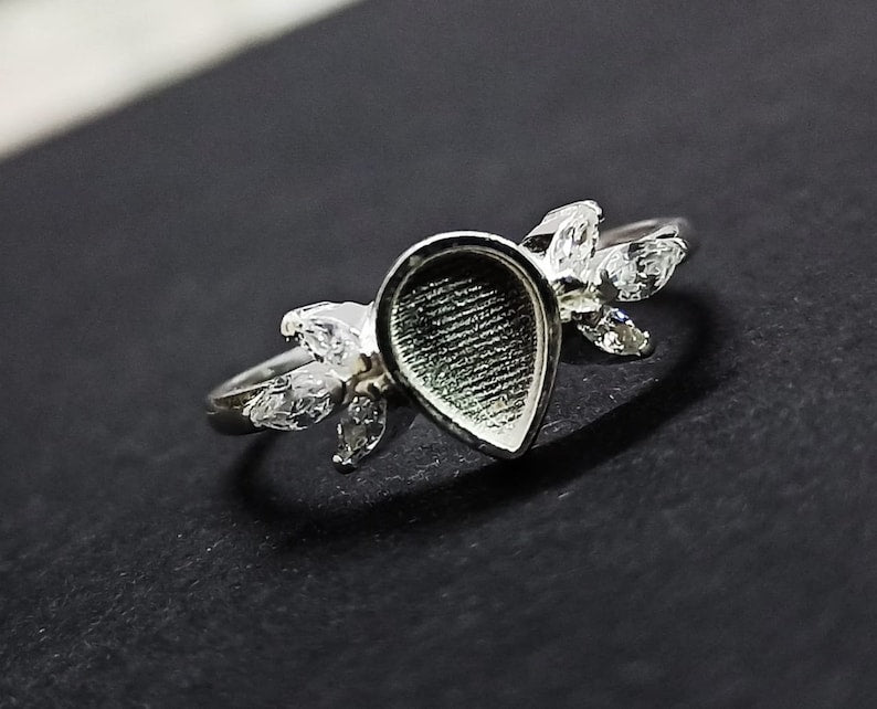 925 Sterling Solid Silver 6x8mm Pear Blank Bezel with Tiny Marquise Zircon Ring, Good for Resin & Ashes Work.