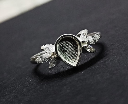 925 Sterling Solid Silver 6x8mm Pear Blank Bezel with Tiny Marquise Zircon Ring, Good for Resin & Ashes Work.