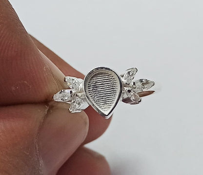 925 Sterling Solid Silver 6x8mm Pear Blank Bezel with Tiny Marquise Zircon Ring, Good for Resin & Ashes Work.