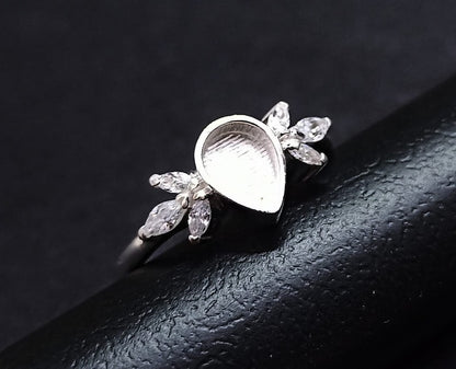 925 Sterling Solid Silver 6x8mm Pear Blank Bezel with Tiny Marquise Zircon Ring, Good for Resin & Ashes Work.