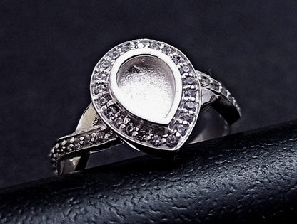 5x7mm Pear Shape Blank Bezel Ring with Zircon,925 Sterling Silver Rings, Good for Resin & Ashes Work. Any Color Zircon Available