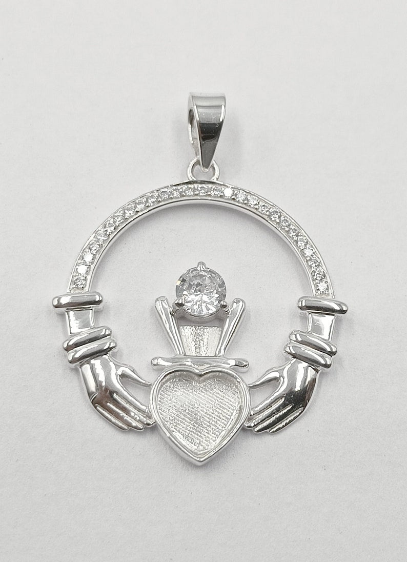 925 Sterling Silver, Iris Celtic Claddagh Pendant, Heart 5mm Blank Bezel Setting, Good for Pour Resin & Ashes Work, Breastmilk/Keepsake DIY