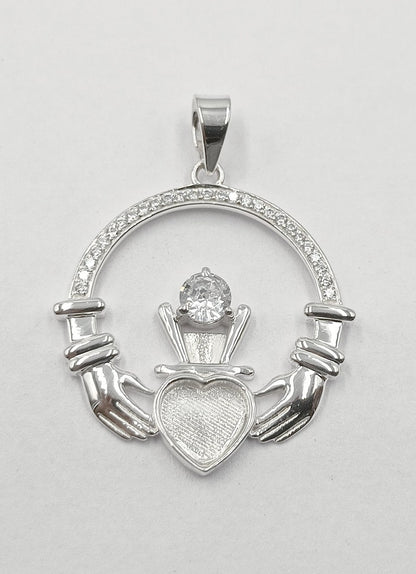 925 Sterling Silver, Iris Celtic Claddagh Pendant, Heart 5mm Blank Bezel Setting, Good for Pour Resin & Ashes Work, Breastmilk/Keepsake DIY