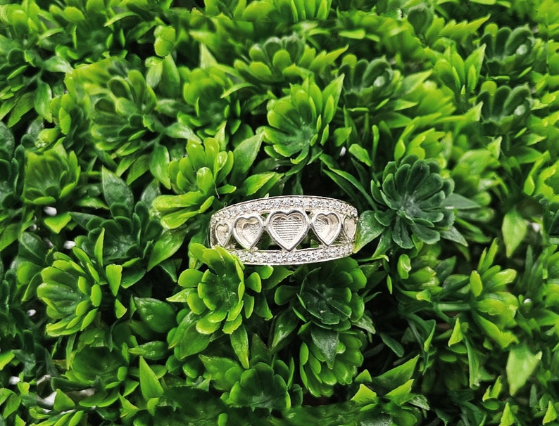 925 Sterling Solid Silver 5mm + 4mm + 3mm Heart Shape Ring with zircon, Good for Resin work, All color zircon available.