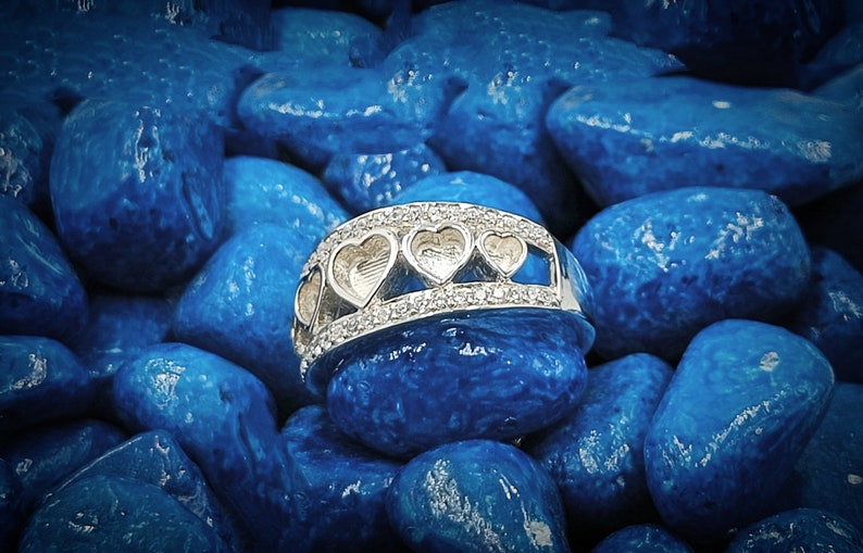 925 Sterling Solid Silver 5mm + 4mm + 3mm Heart Shape Ring with zircon, Good for Resin work, All color zircon available.
